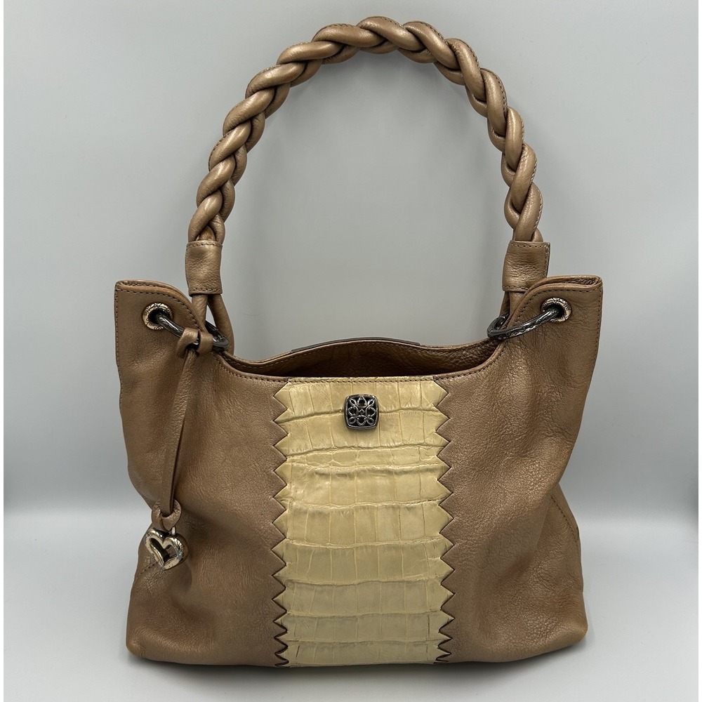 Brighton Brown Leather Croc Trim Shoulder Bag Braided Strap Handle Two Toned Y2K